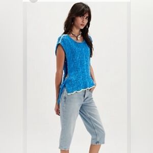 Free People Arlo Malibu Blue Sleeveless Open Sides W/ Ties & Cream Trim